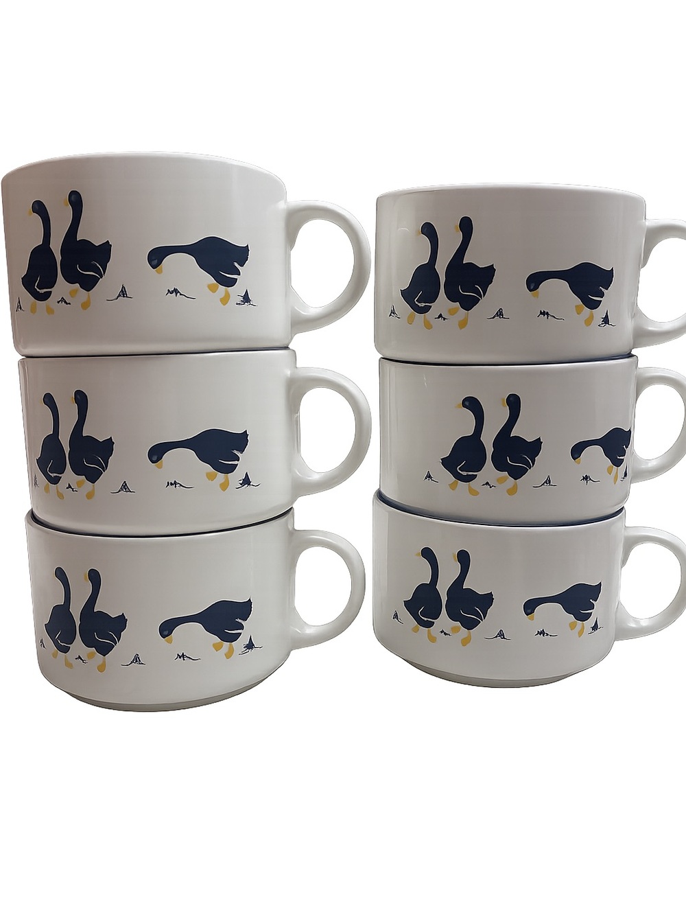 VINTAGE Set of 6 Soup Mugs with Navy & Yellow Goose Motif